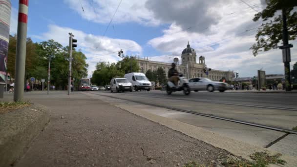 Vienna Juli 2019 Ground Nivå Visa Spårvagnar Som Kommer Fokus — Stockvideo