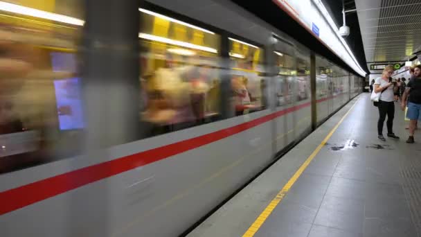 Vienna Juli 2019 Een Ondergrondse Trein Die Aankomt Een Perron — Stockvideo
