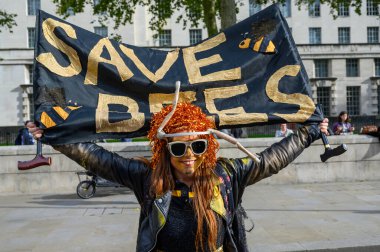 LONDON - 18 Ekim 2019: Soykırım İsyanı Protestocusu Soykırım İsyanı Yürüyüşü 'nde Kurtarma Arıları bayrağı taşıyor