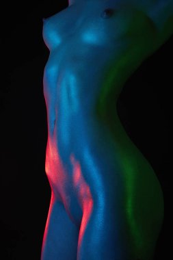 Gökkuşağı çıplak kadın silueti, stüdyoda poz renkli parlak ışıklar kadında. Tasarım sanat, siyah arka plan üzerinde renkli çıplak kız