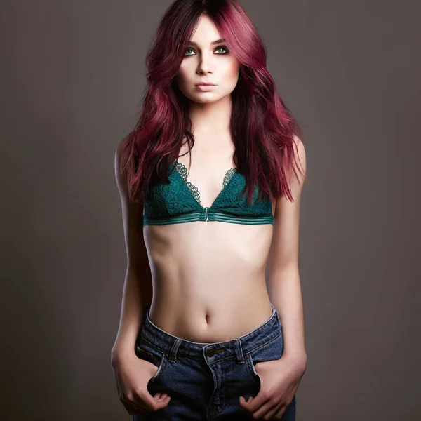 Fashion Portrait Young Woman Color Hair Beautiful Sexy Model Girl — Stock Photo, Image