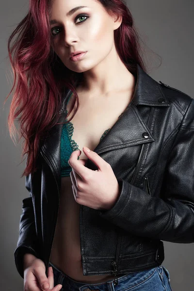 Fashion Portrait Young Woman Red Color Hair Beautiful Girl Leather — Stock Photo, Image