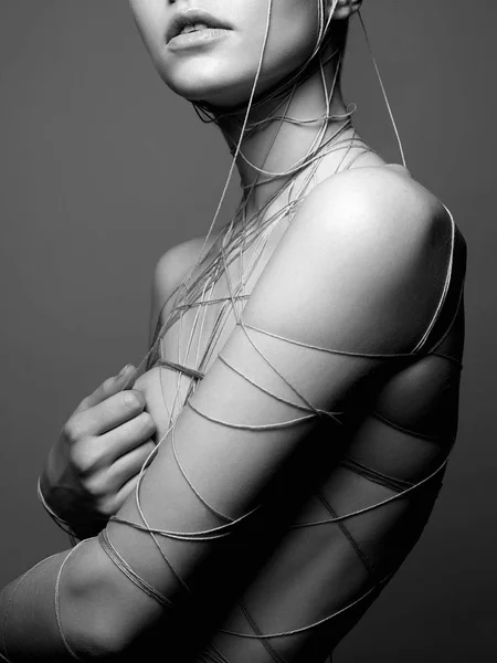 Black White Fashion Portrait Beautiful Young Woman Thread Face Body — Stock Photo, Image