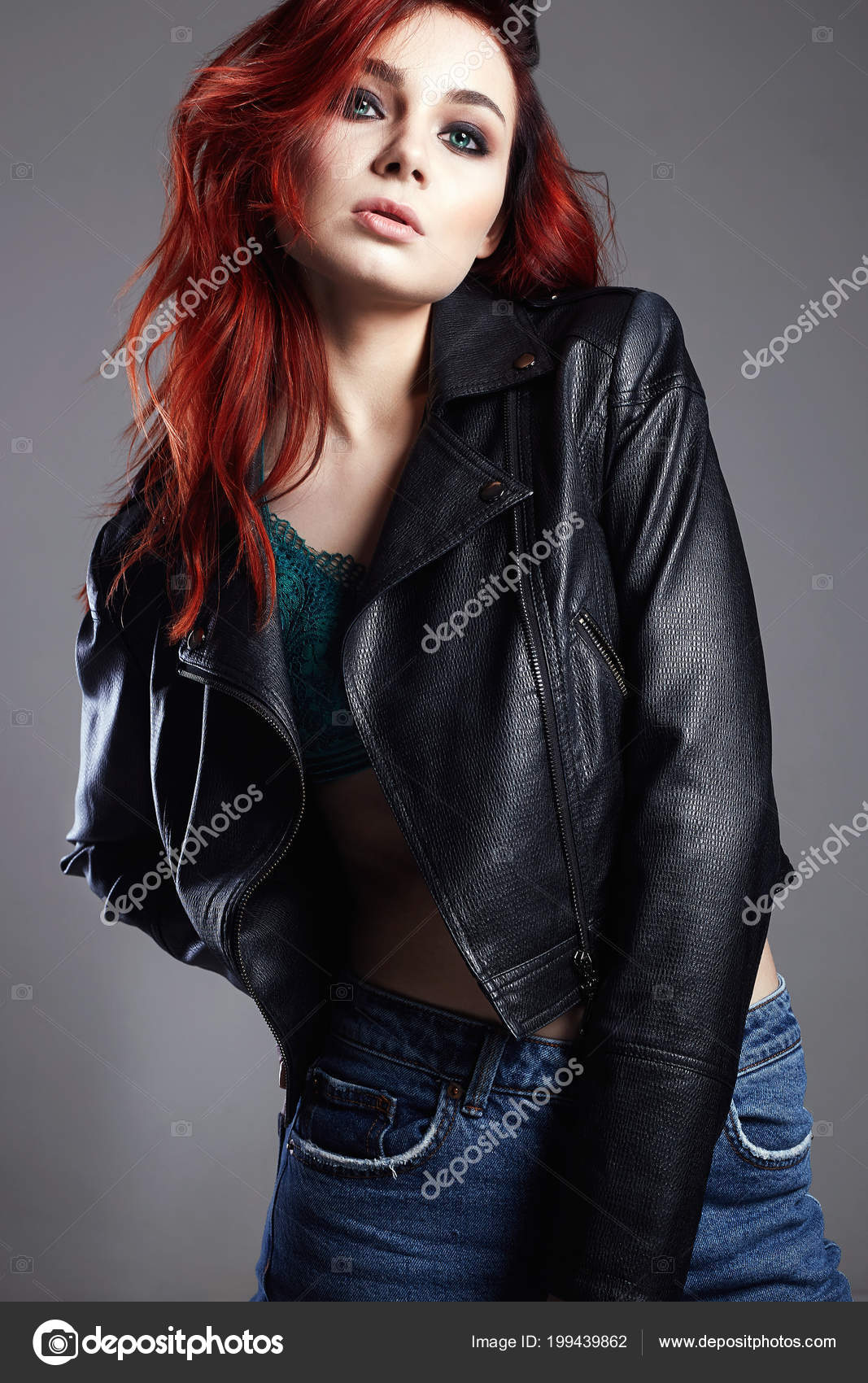 Young Woman Red Color Hair Beautiful Girl Leather Jacket Underwear