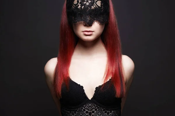 Beautiful Sexy Girl Lace Mask Red Hair Young Woman Halloween — Stock Photo, Image