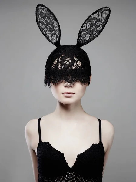 Menina Sexy Bonita Máscara Renda Jovem Mulher Lingerie Engraçado Bunny — Fotografia de Stock