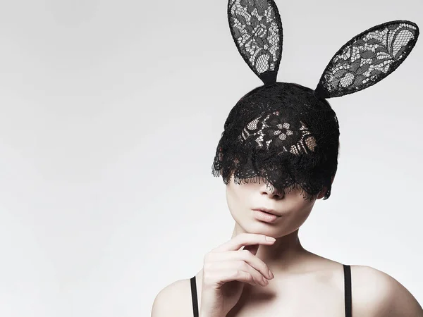 Menina Sexy Bonita Máscara Renda Jovem Mulher Lingerie Engraçado Bunny — Fotografia de Stock