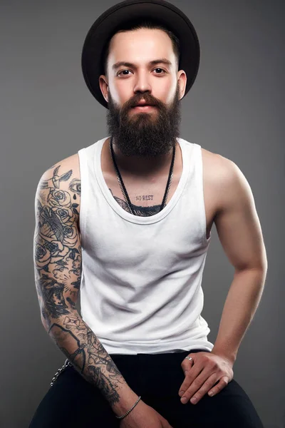 Handsome Bearded Man Hat Brutal Hipster Boy Tattoo — Stock Photo, Image