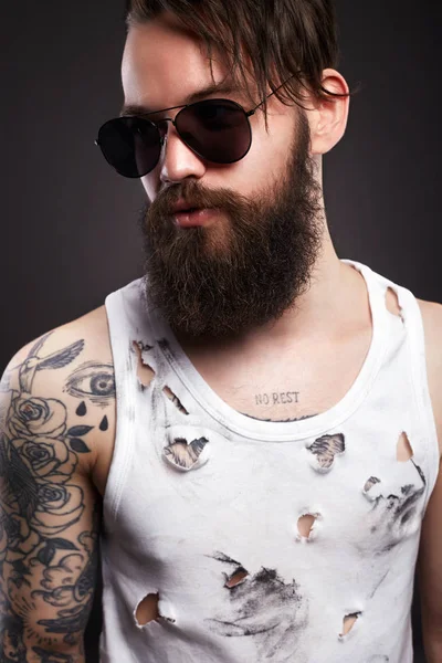 Handsome Man Sunglasses Brutal Bearded Hipster Glasses Vintage Torn Dirty — Stock Photo, Image