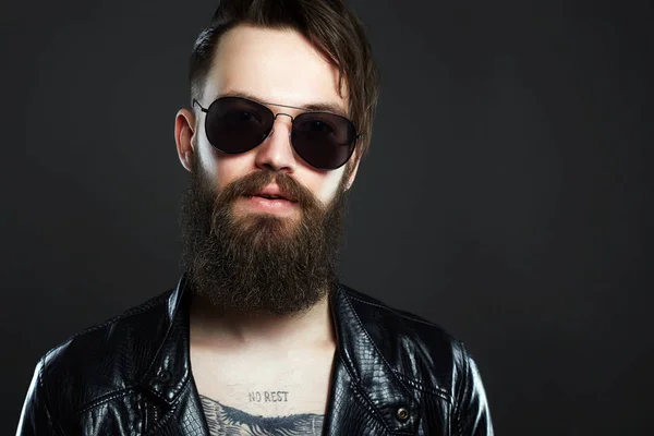 Fashionable Hipster Man Tattoo Sunglasses Brutal Bearded Sexy Boy Trendy — Stock Photo, Image