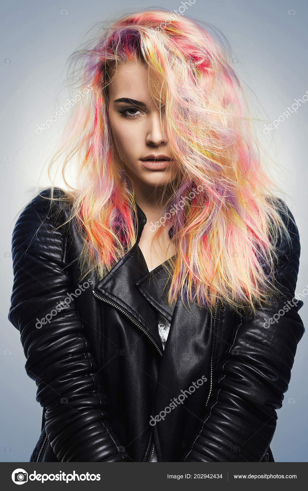 Beauty Fashion Model Girl Colorful Dyed Hair Rainbow Hairstyles