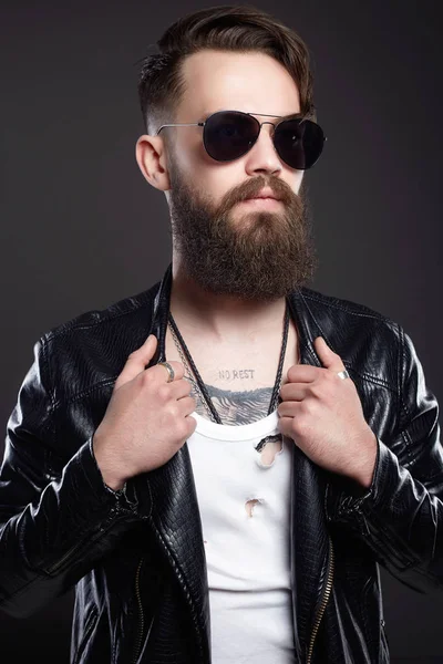 Fashionable Handsome Man Tattoo Sunglasses Hipster Bearded Sexy Boy Leather — Stock Photo, Image