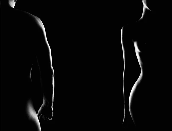 Par Siluetas Desnudas Femeninas Masculinas Sobre Fondo Negro Mujer Hombre —  Fotos de Stock