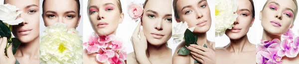 Beauty Collage Beautiful Young Woman Make Flower Girl Flowers Clean — Stock Photo, Image