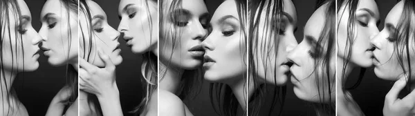 Kussen Collage Twee Meisjes Van Natte Haren Zijn Kussen Sensuele — Stockfoto