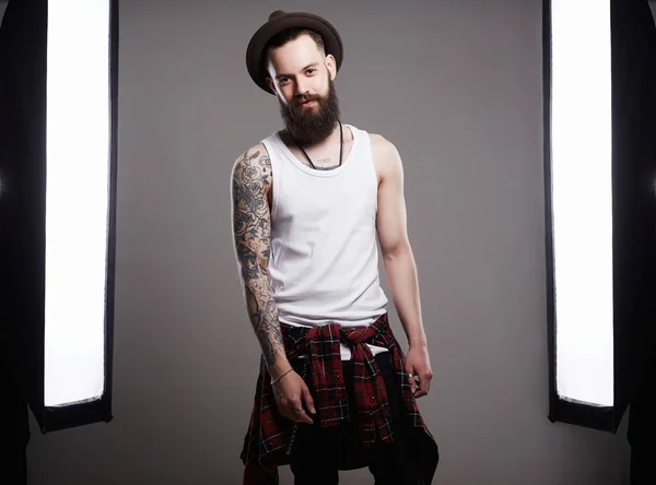 Fashion Photosession Handsome Bearded Man Hat Brutal Hipster Boy Tattoo — Stock Photo, Image