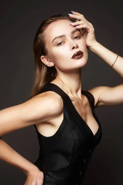 Beautiful Young Woman Leather Dress Fashionable Girl — Stock Photo, Image