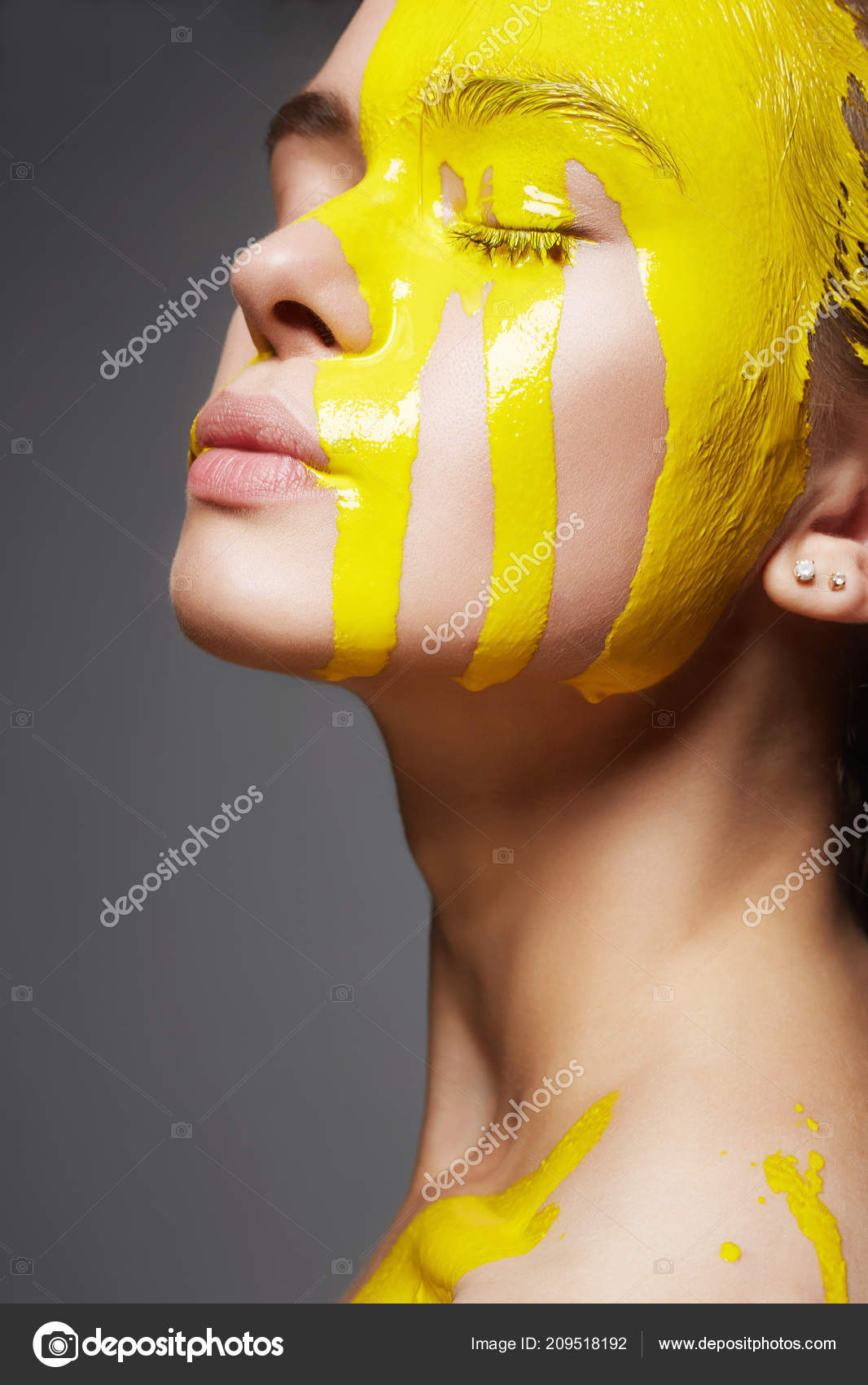 Young Woman Yellow Paint Liquid Paint Flowing Beautiful Face Body