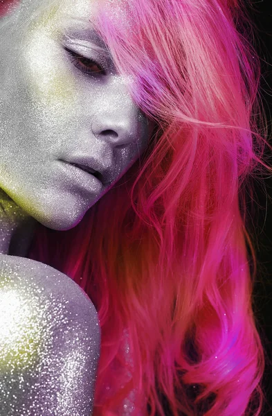 Beautiful Woman Colorful Hair Silver Sparkle Skin Beauty Girl Art — Stock Photo, Image