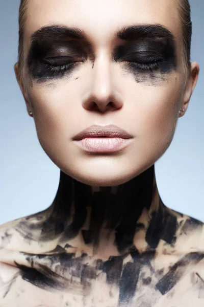 Beautiful Young Woman Paint Face Paint Face Body Girl Black — Stock Photo, Image