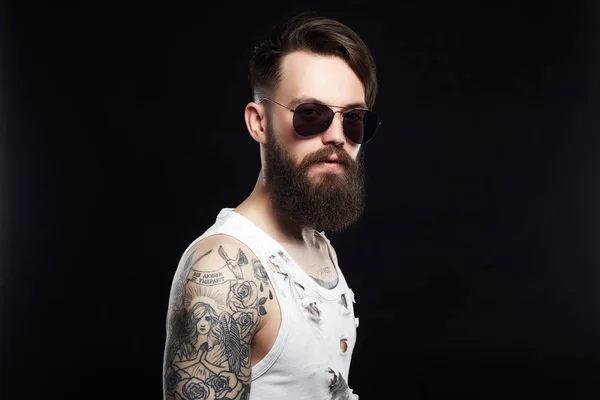 Handsome Man Sunglasses Bearded Hipster Vintage Torn Dirty Shirt Boy — Stock Photo, Image