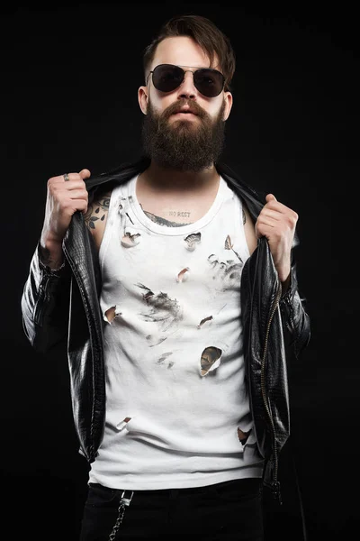Stylish Man Tattoo Sunglasses Beard Fashionable Hipster Man Brutal Bearded — Stock Photo, Image