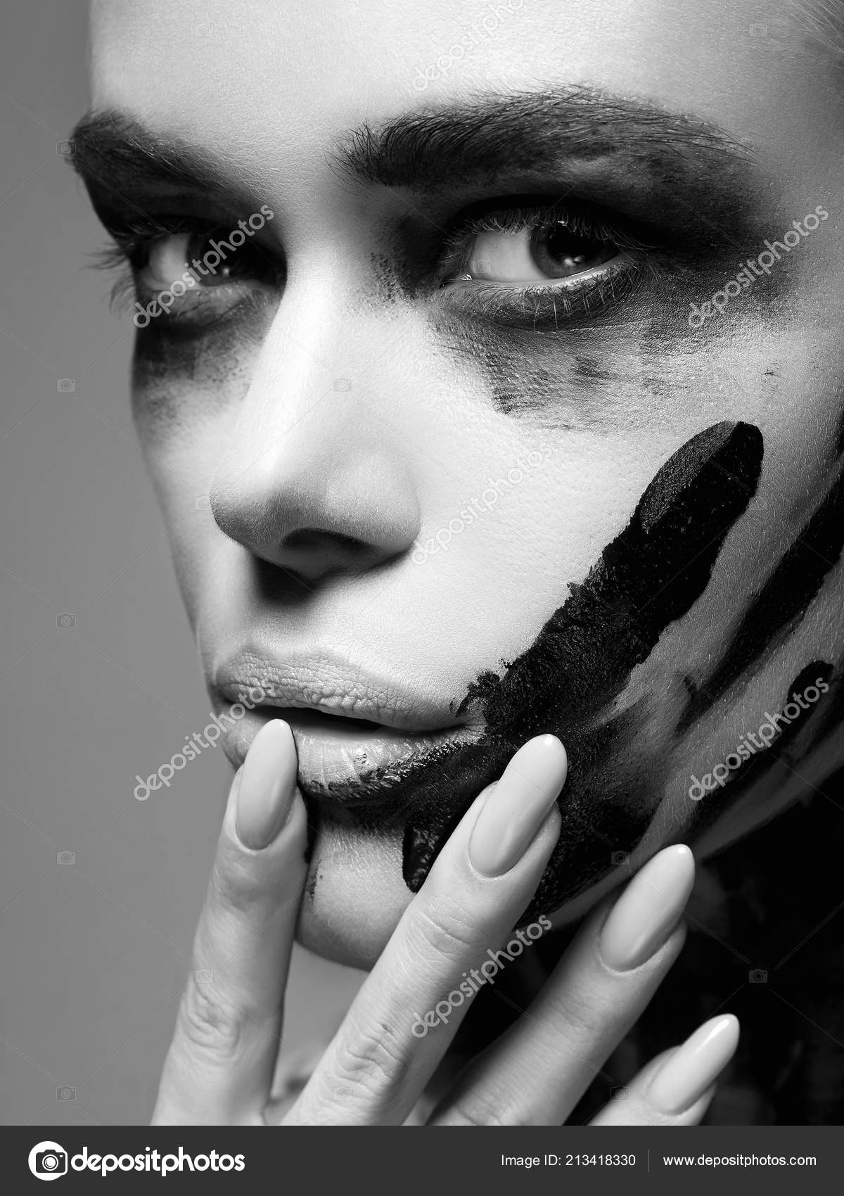 Beautiful Young Woman Dirty Paint Face Paint Face Body Girl Stock Photo by  ©EugenePartyzan 213418384