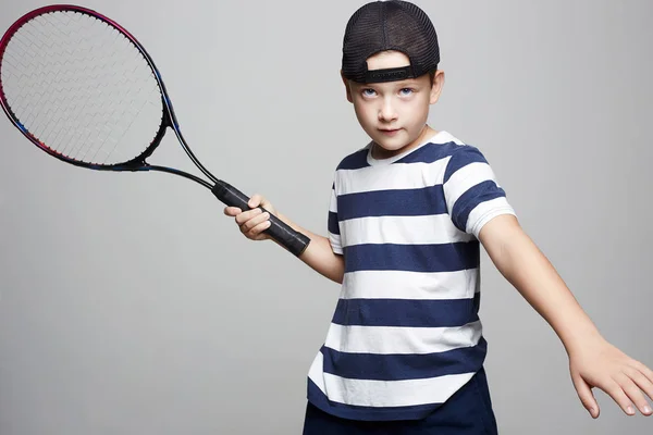 Child Boy Playing Tennis Sport Kids Little Boy Tennis Racket — Stock Photo, Image