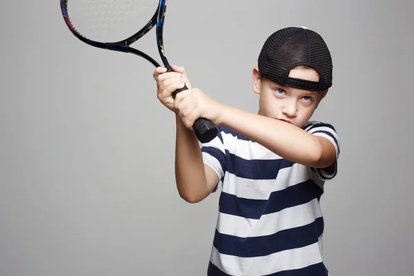 Child Boy Playing Tennis Sport Kids Little Boy Tennis Racket — Stock Photo, Image