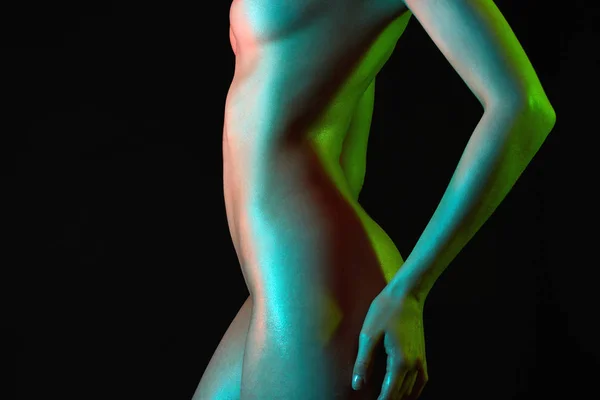 Mujer Desnuda Luces Brillantes Colores Posando Estudio Hermoso Cuerpo Desnudo — Foto de Stock