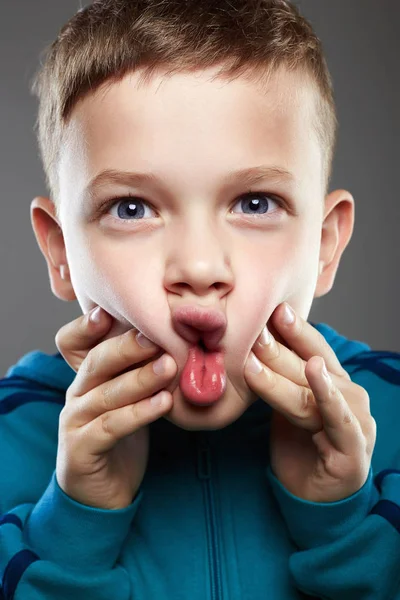 Funny Child Handsome Little Boy Enjoy Grimace Emotion Kid — Stock Photo, Image