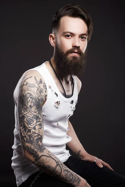 Handsome Man Beard Brutal Bearded Hipster Vintage Torn Dirty Shirt — Stock Photo, Image