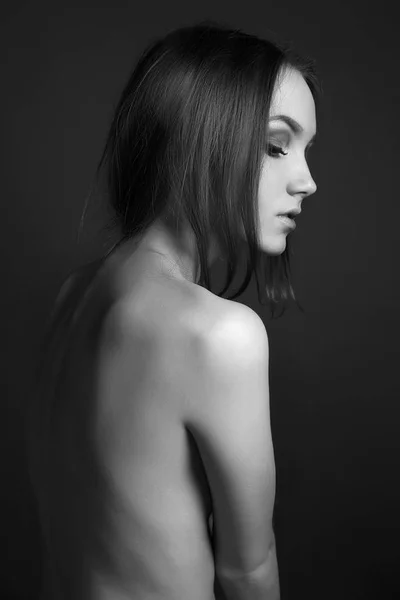 Černobílý Portrét Sexy Krásná Dívka Mladá Nahá Žena Zpět — Stock fotografie