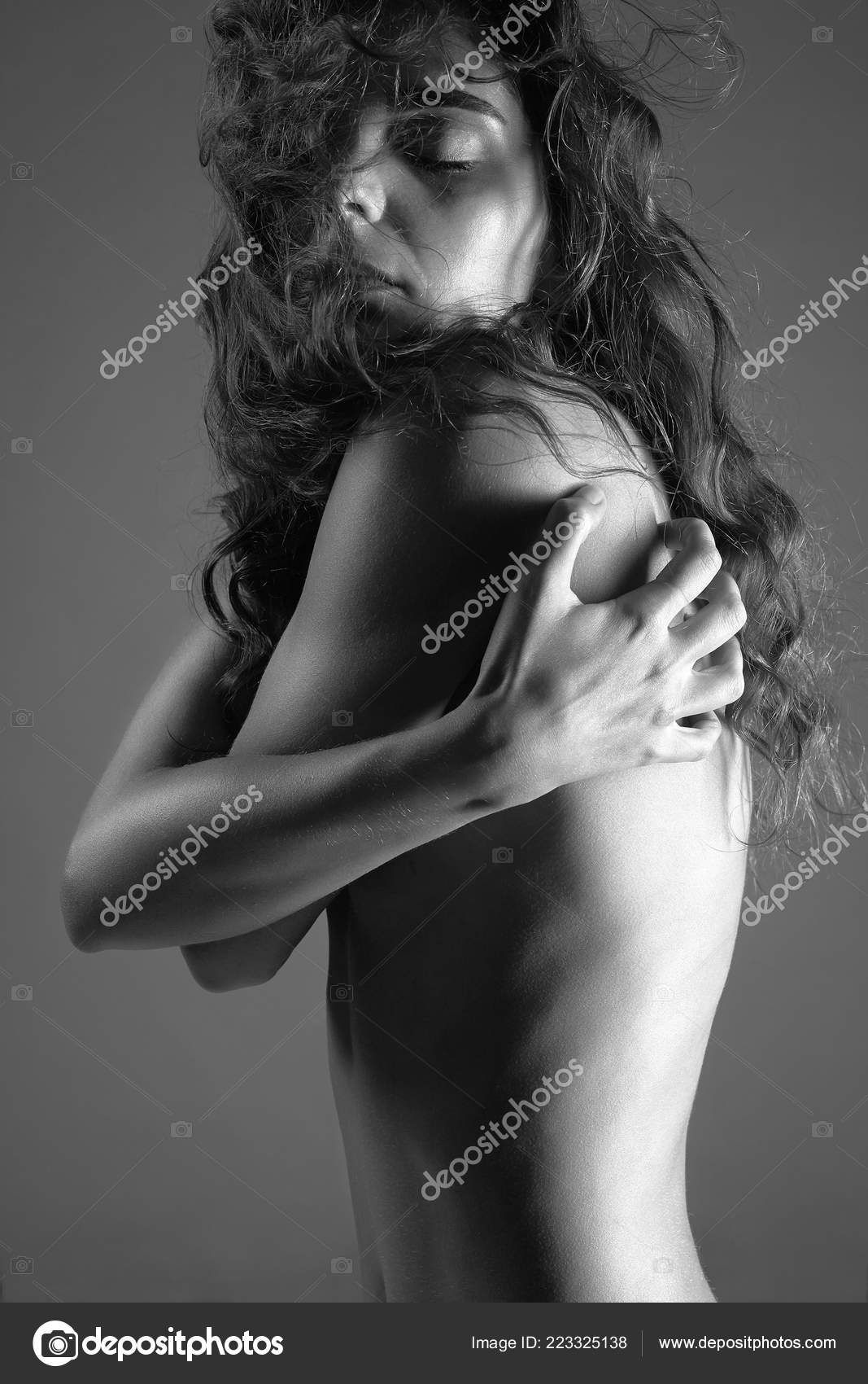 Female Hug Naked Hairy Girl Curly Hairdo Portrait Nude Sexy Stock Photo by ©EugenePartyzan 223325138 picture