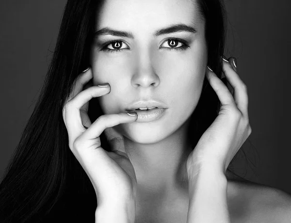 Face Beautiful Young Woman Black White Portrait Brunette Girl Sexy — Stock Photo, Image