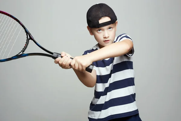 Child Boy Playing Tennis Sport Kids Little Boy Tennis Racket — Stock Photo, Image