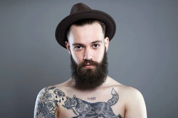 Handsome Bearded Man Hat Hipster Boy Tattoo Body — Stock Photo, Image