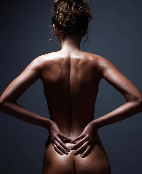 Nude Body Girl Naked Woman Back Dark Beautiful Female Spine — Stock Photo, Image