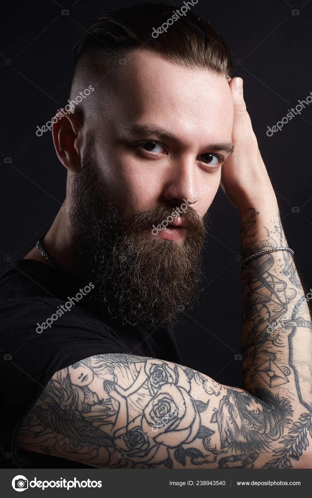 Boy Stylish Haircut Tattoo Handsome Man Tattoed Bearded Hipster Stock Photo  by ©EugenePartyzan 238943540