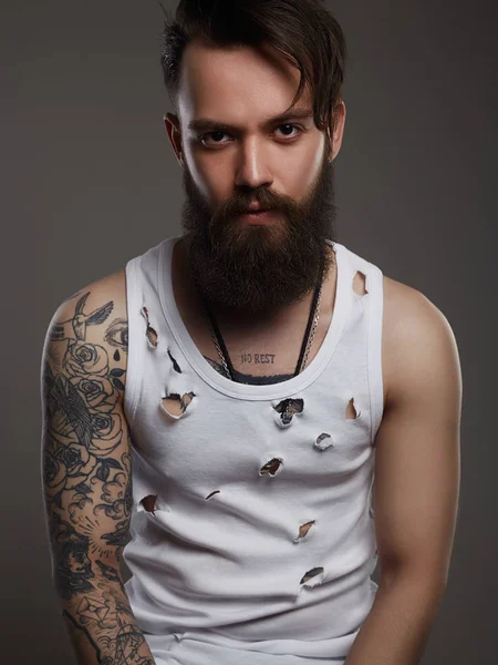 Handsome Man Beard Brutal Bearded Hipster Vintage Torn Dirty Shirt — Stock Photo, Image