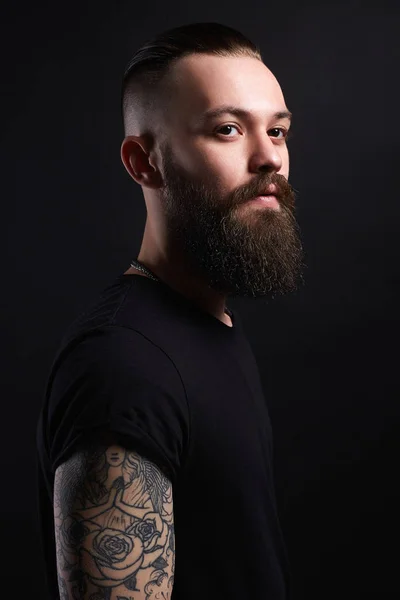 Boy Stylish Haircut Tattoo Handsome Man Tattoed Bearded Hipster — Stock Photo, Image