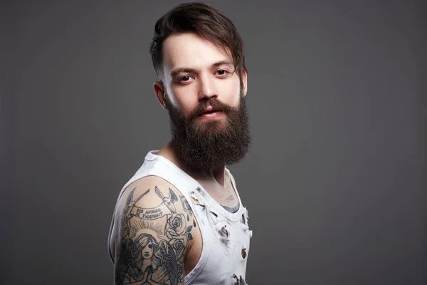 Handsome Man Beard Bearded Hipster Boy Stylish Haircut Tattoo — Stock Photo, Image