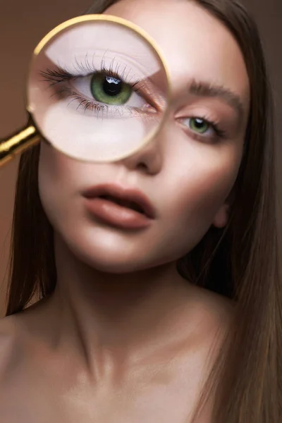 Närbild Make Linsen Vacker Kvinna Öga Sensuell Modell Flicka Med — Stockfoto