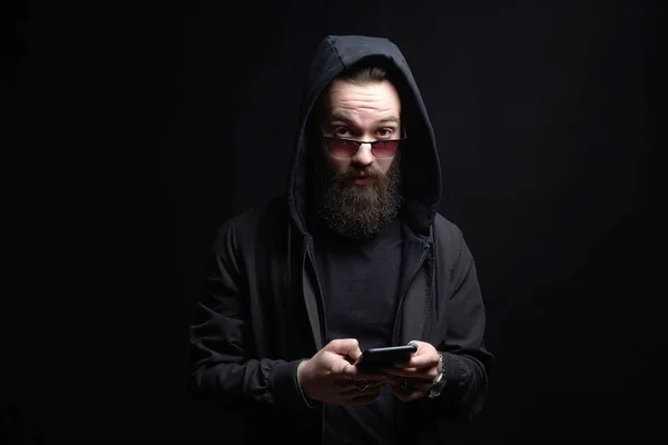 Bearded Man Smartphone Modern Stylish Handsome Boy Glasses Hoodie — Stock Photo, Image