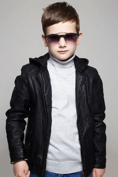 Fashionable Little Boy Sunglasses Stylish Kid Leather Fashion Children — Stock Photo, Image