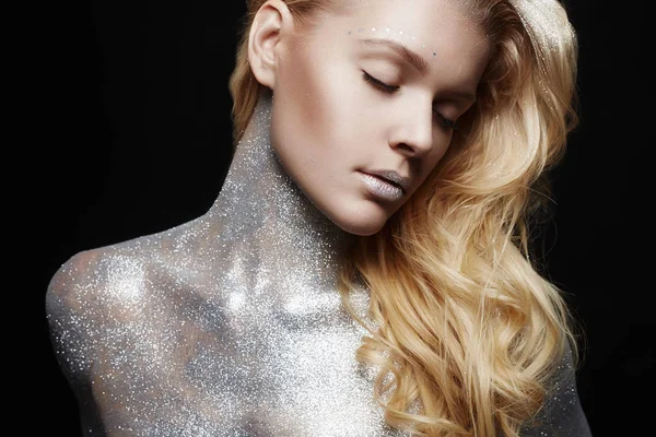 Silver Blond Girl. Beautiful Young Woman with Sparkles — Stock Photo, Image