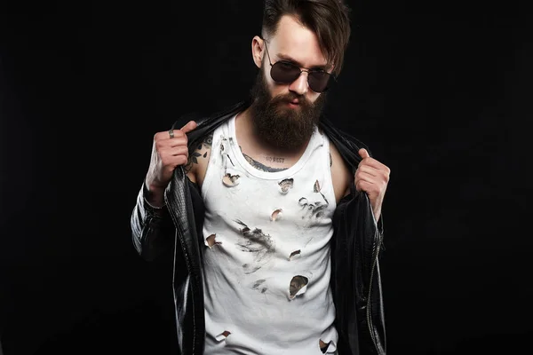 Brutal bearded Sexy boy in leather coat — Stock Photo, Image