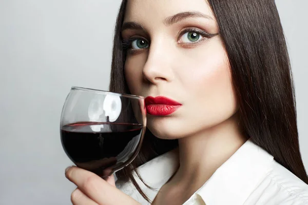 Mooi Meisje Met Een Glas Wijn Mooie Vrouw Die Rode — Stockfoto