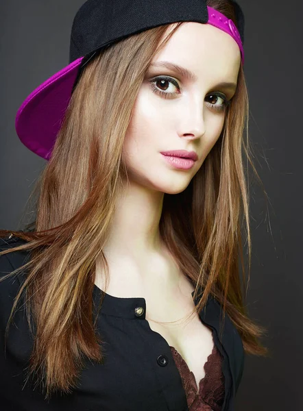 Fashionable Beautiful Girl Pink Cap Teenager Style Pretty Young Woman — Stock Photo, Image