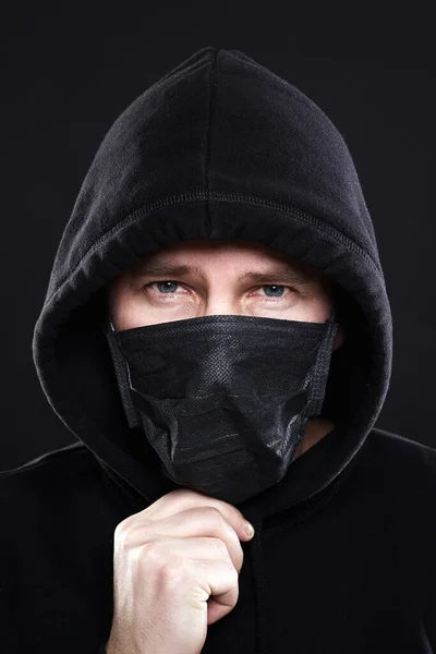 Homens Máscara Capuz Rapaz Máscara Negra Hoodie Epidemia Coronavírus Covid — Fotografia de Stock